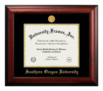 Southern Oregon University Diploma Frame in Satin Mahogany with Black & Gold Mats for DOCUMENT: 8 1/2"H X 11"W  