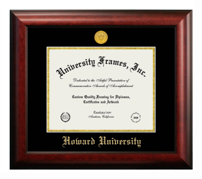 Howard University Diploma Frame in Satin Mahogany with Black & Gold Mats for document: 8 1/2"h x 11"w  