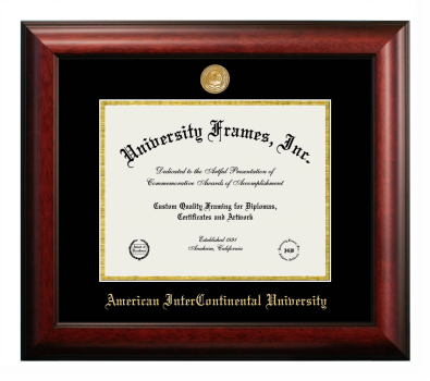 American InterContinental University Diploma Frame in Satin Mahogany with Black & Gold Mats for DOCUMENT: 8 1/2"H X 11"W  