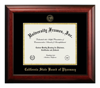 California State Board of Pharmacy Diploma Frame in Satin Mahogany with Black & Gold Mats for DOCUMENT: 8 1/2"H X 11"W  