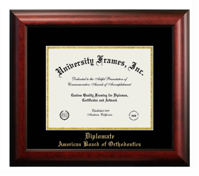 Diplomate American Board of Orthodontics Diploma Frame in Satin Mahogany with Black & Gold Mats for DOCUMENT: 8 1/2"H X 11"W  