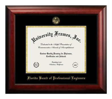 Florida Board of Professional Engineers Diploma Frame in Satin Mahogany with Black & Gold Mats for DOCUMENT: 8 1/2"H X 11"W  