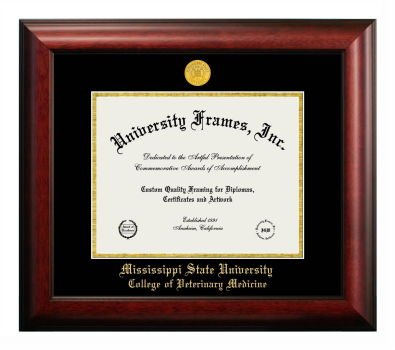 Mississippi State University College of Veterinary Medicine Diploma Frame in Satin Mahogany with Black & Gold Mats for DOCUMENT: 8 1/2"H X 11"W  