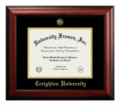 Creighton University Diploma Frame in Satin Mahogany with Black & Gold Mats for DOCUMENT: 8 1/2"H X 11"W  