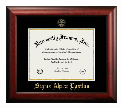 Sigma Alpha Epsilon Diploma Frame in Satin Mahogany with Black & Gold Mats for DOCUMENT: 8 1/2"H X 11"W  