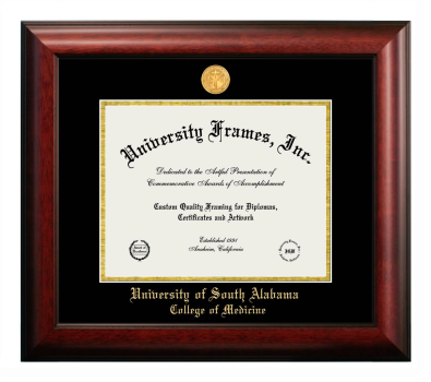 University of South Alabama College of Medicine Diploma Frame in Satin Mahogany with Black & Gold Mats for DOCUMENT: 8 1/2"H X 11"W  