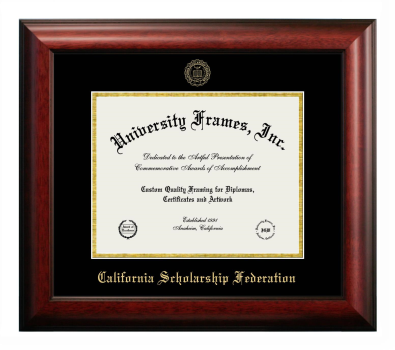 California Scholarship Federation Diploma Frame in Satin Mahogany with Black & Gold Mats for DOCUMENT: 8 1/2"H X 11"W  