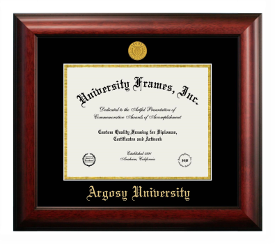 Argosy University Diploma Frame in Satin Mahogany with Black & Gold Mats for DOCUMENT: 8 1/2"H X 11"W  