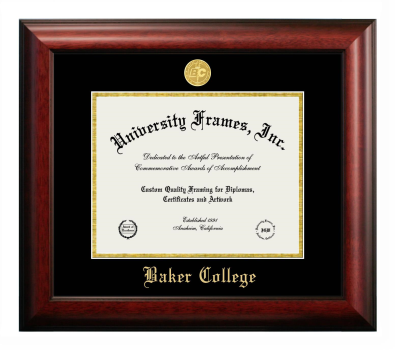 Baker College (Flint) Diploma Frame in Satin Mahogany with Black & Gold Mats for document: 8 1/2"h x 11"w  