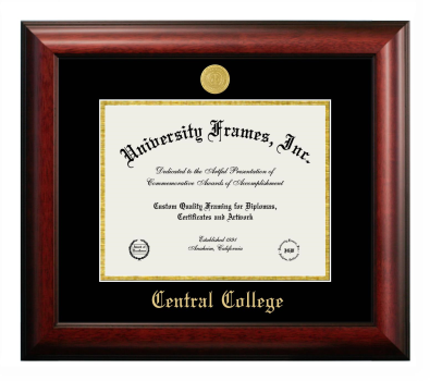 Central College Diploma Frame in Satin Mahogany with Black & Gold Mats for DOCUMENT: 8 1/2"H X 11"W  