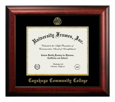 Cuyahoga Community College Diploma Frame in Satin Mahogany with Black & Gold Mats for document: 8 1/2"h x 11"w  