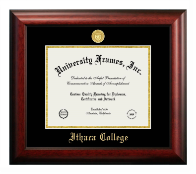 Ithaca College Diploma Frame in Satin Mahogany with Black & Gold Mats for document: 8 1/2"h x 11"w  