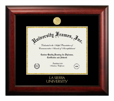La Sierra University Diploma Frame in Satin Mahogany with Black & Gold Mats for DOCUMENT: 8 1/2"H X 11"W  