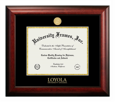 Loyola University Chicago Diploma Frame in Satin Mahogany with Black & Gold Mats for DOCUMENT: 8 1/2"H X 11"W  
