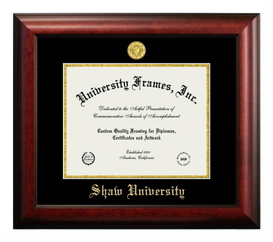 Shaw University Diploma Frame in Satin Mahogany with Black & Gold Mats for DOCUMENT: 8 1/2"H X 11"W  
