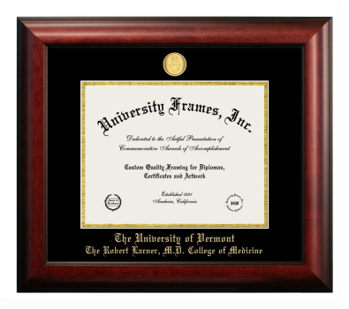 University of Vermont The Robert Larner, M.D. College of Medicine Diploma Frame in Satin Mahogany with Black & Gold Mats for DOCUMENT: 8 1/2"H X 11"W  