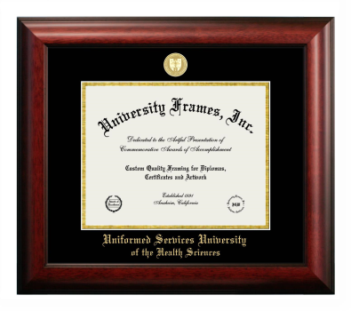 Uniformed Services University of the Health Sciences Diploma Frame in Satin Mahogany with Black & Gold Mats for DOCUMENT: 8 1/2"H X 11"W  