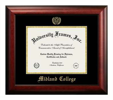 Midland College Diploma Frame in Satin Mahogany with Black & Gold Mats for DOCUMENT: 8 1/2"H X 11"W  