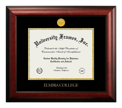 Elmira College Diploma Frame in Satin Mahogany with Black & Gold Mats for DOCUMENT: 8 1/2"H X 11"W  