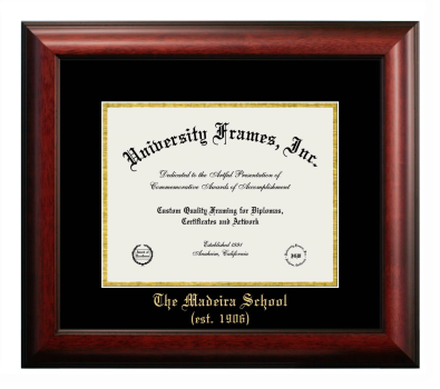 Madeira School (est. 1906) Diploma Frame in Satin Mahogany with Black & Gold Mats for DOCUMENT: 8 1/2"H X 11"W  