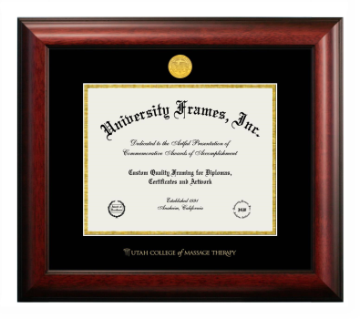 Utah College of Massage Therapy Diploma Frame in Satin Mahogany with Black & Gold Mats for DOCUMENT: 8 1/2"H X 11"W  