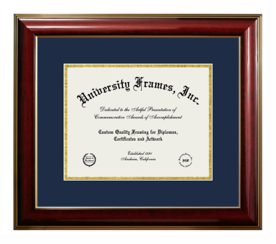 Diploma Frame in Classic Mahogany with Gold Trim with Navy Blue & Gold Mats