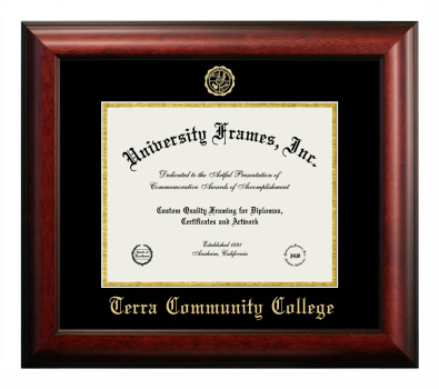 Terra Community College Diploma Frame in Satin Mahogany with Black & Gold Mats for document: 8 1/2"h x 11"w  