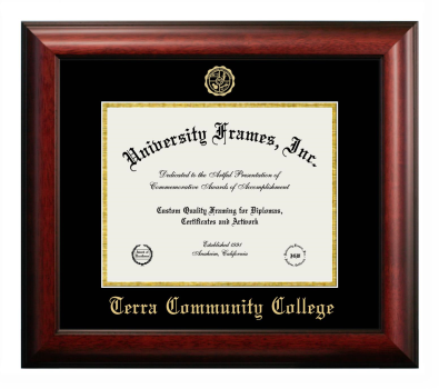 Terra Community College Diploma Frame in Satin Mahogany with Black & Gold Mats for DOCUMENT: 8 1/2"H X 11"W  