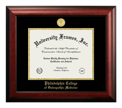 Philadelphia College of Osteopathic Medicine Diploma Frame in Satin Mahogany with Black & Gold Mats for DOCUMENT: 8 1/2"H X 11"W  