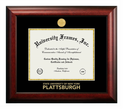 Plattsburgh State University (SUNY Plattsburgh) Diploma Frame in Satin Mahogany with Black & Gold Mats for DOCUMENT: 8 1/2"H X 11"W  