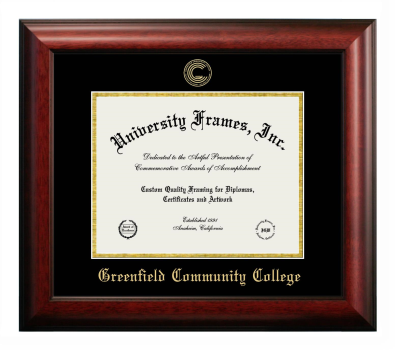 Greenfield Community College Diploma Frame in Satin Mahogany with Black & Gold Mats for DOCUMENT: 8 1/2"H X 11"W  