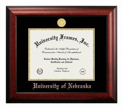 University of Nebraska (Lincoln) Diploma Frame in Satin Mahogany with Black & Gold Mats for DOCUMENT: 8 1/2"H X 11"W  