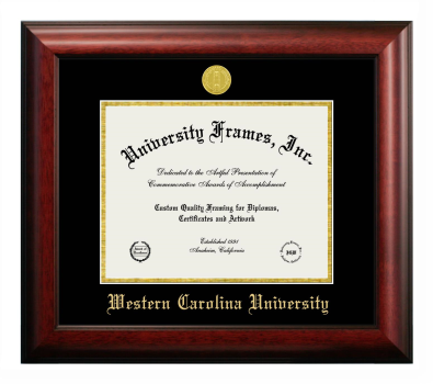 Western Carolina University Diploma Frame in Satin Mahogany with Black & Gold Mats for document: 8 1/2"h x 11"w  
