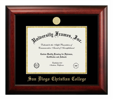 San Diego Christian College Diploma Frame in Satin Mahogany with Black & Gold Mats for DOCUMENT: 8 1/2"H X 11"W  