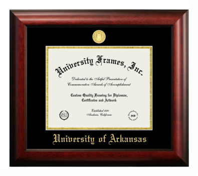University of Arkansas (Fayetteville) Diploma Frame in Satin Mahogany with Black & Gold Mats for DOCUMENT: 8 1/2"H X 11"W  