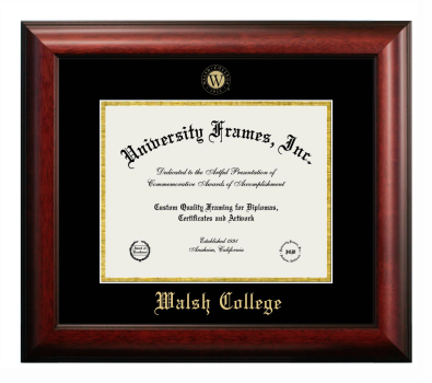 Walsh College Diploma Frame in Satin Mahogany with Black & Gold Mats for DOCUMENT: 8 1/2"H X 11"W  