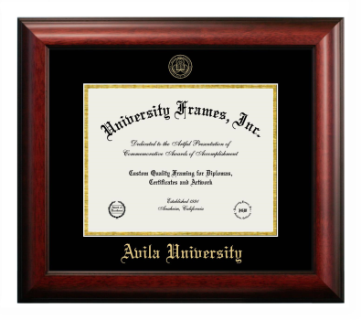 Avila University Diploma Frame in Satin Mahogany with Black & Gold Mats for DOCUMENT: 8 1/2"H X 11"W  