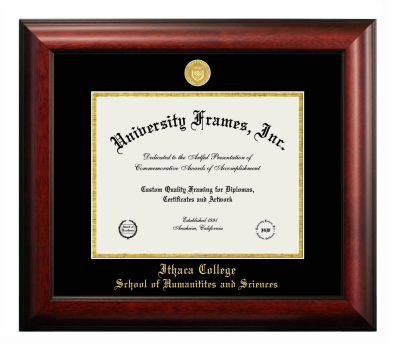 Ithaca College School of Humanities and Sciences Diploma Frame in Satin Mahogany with Black & Gold Mats for DOCUMENT: 8 1/2"H X 11"W  