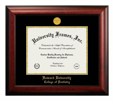 Howard University College of Dentistry Diploma Frame in Satin Mahogany with Black & Gold Mats for DOCUMENT: 8 1/2"H X 11"W  