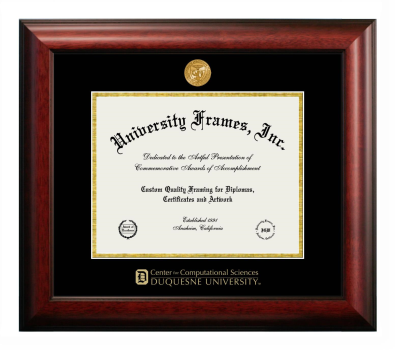 Duquesne University Center for Computational Sciences Diploma Frame in Satin Mahogany with Black & Gold Mats for DOCUMENT: 8 1/2"H X 11"W  