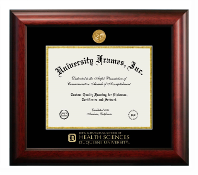 Duquesne University John G. Rangos, Sr. School of Health Sciences Diploma Frame in Satin Mahogany with Black & Gold Mats for DOCUMENT: 8 1/2"H X 11"W  