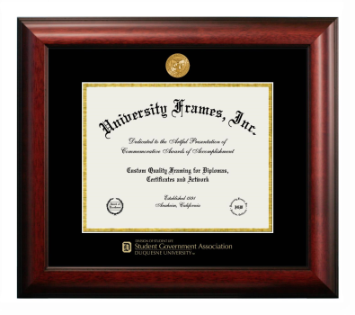 Duquesne University Division of Student Life Student Government Association Diploma Frame in Satin Mahogany with Black & Gold Mats for DOCUMENT: 8 1/2"H X 11"W  