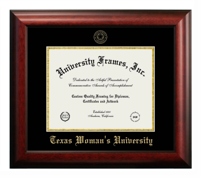 Texas Woman's University Diploma Frame in Satin Mahogany with Black & Gold Mats for DOCUMENT: 8 1/2"H X 11"W  
