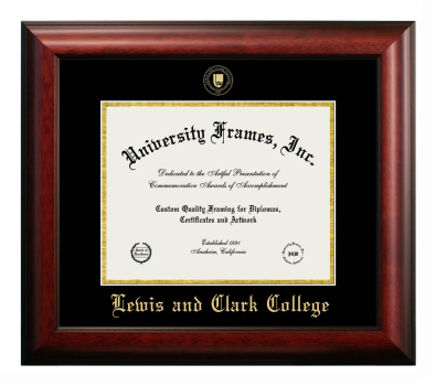 Lewis and Clark College Diploma Frame in Satin Mahogany with Black & Gold Mats for document: 8 1/2"h x 11"w  