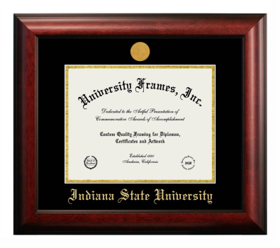 Indiana State University Diploma Frame in Satin Mahogany with Black & Gold Mats for document: 8 1/2"h x 11"w  