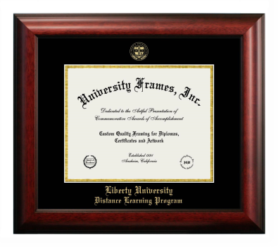 Liberty University Distance Learning Program Diploma Frame in Satin Mahogany with Black & Gold Mats for document: 8 1/2"h x 11"w  