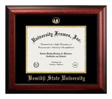 Bemidji State University Diploma Frame in Satin Mahogany with Black & Gold Mats for document: 8 1/2"h x 11"w  
