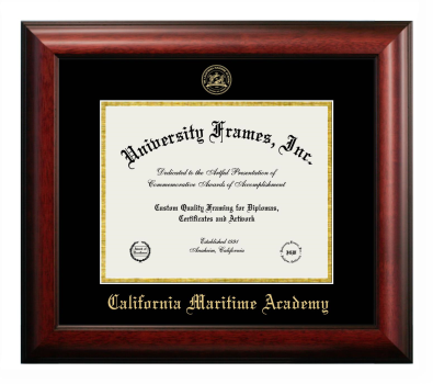 California Maritime Academy Diploma Frame in Satin Mahogany with Black & Gold Mats for DOCUMENT: 8 1/2"H X 11"W  