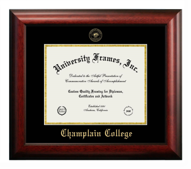 Champlain College Diploma Frame in Satin Mahogany with Black & Gold Mats for document: 8 1/2"h x 11"w  