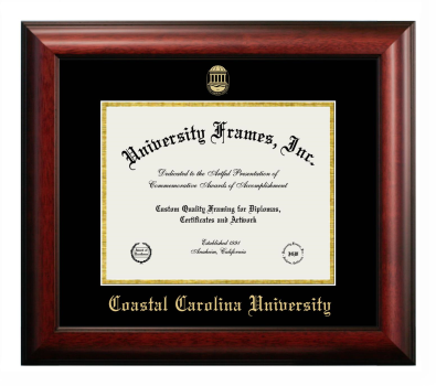 Coastal Carolina University Diploma Frame in Satin Mahogany with Black & Gold Mats for DOCUMENT: 8 1/2"H X 11"W  